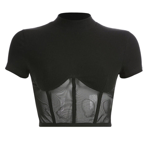 Slim Patchwork Black Mesh Crop Short Sleeve T-shirt - Anagoc