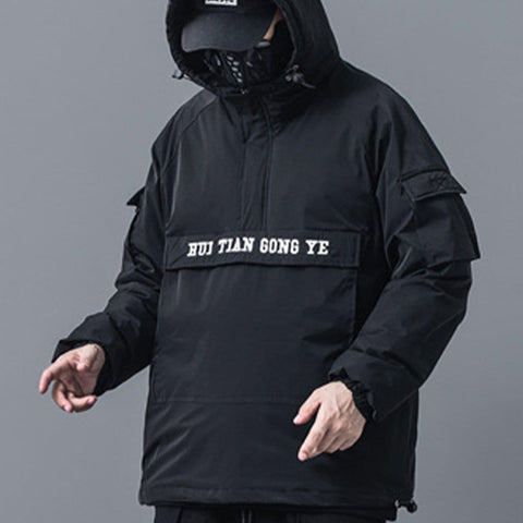 Functional Half Zip Up Embroidery Winter Coat - Anagoc