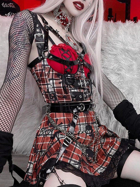Plaid Skull Vest Suit - Anagoc