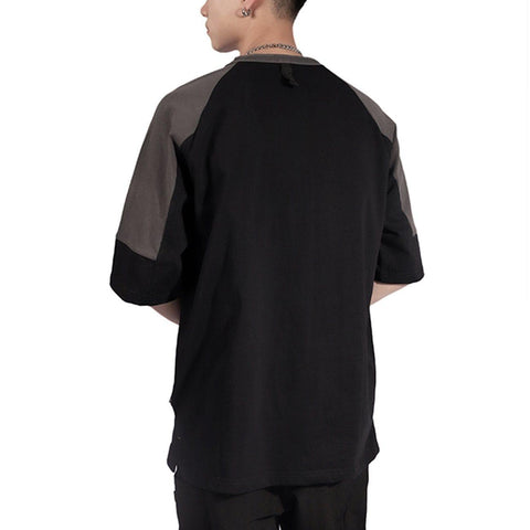 Patchwork Disc Buckle Zip Up Pocket Tee - Anagoc