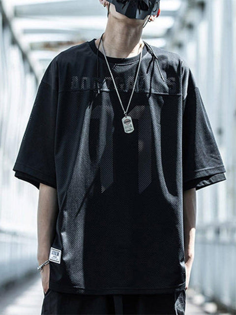 Fake Two Net Patchwork Tee - Anagoc