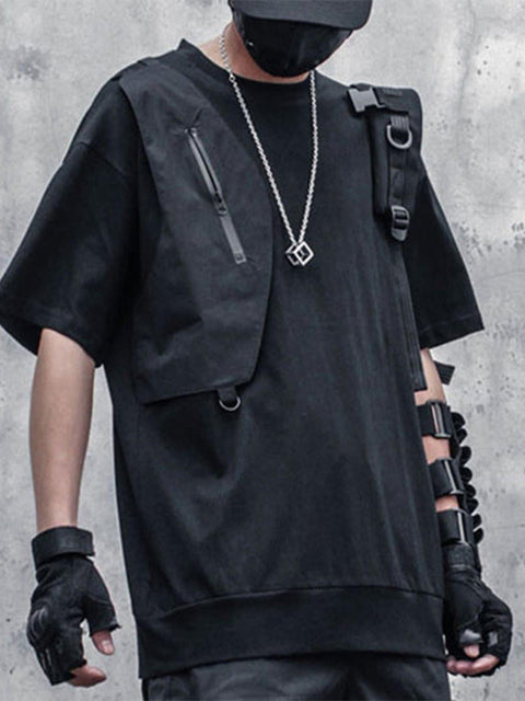 Dark Functional Zipper Patchwork Tee - Anagoc