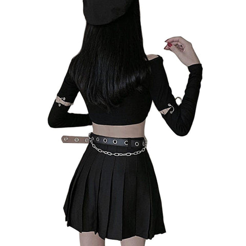 Dark Punk Personality Chain T-Shirt Pleated Skirt Two-Piece Set - Anagoc