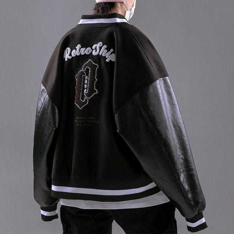 Stitching PU Sleeve Varsity Jacket - Anagoc