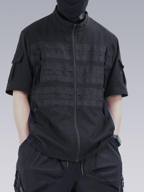 Patchwork Zip Up Function Short Sleeve Shirt - Anagoc