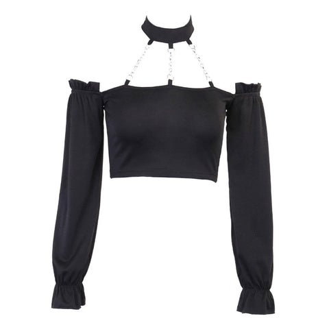 Sexy One-shoulder Fashion Chain Halterneck Short Top - Anagoc