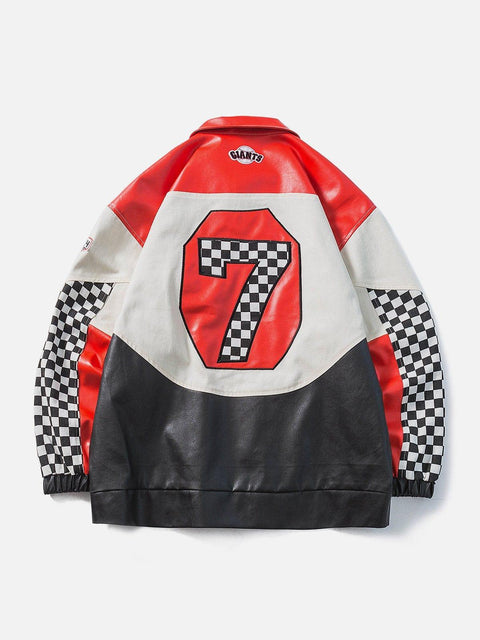 Contrasting Checkerboard Motosports Jacket - Anagoc