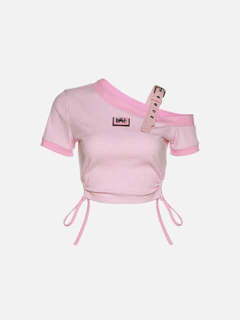 Irregular Shoulder Strap Short Sleeve T Shirt - Anagoc