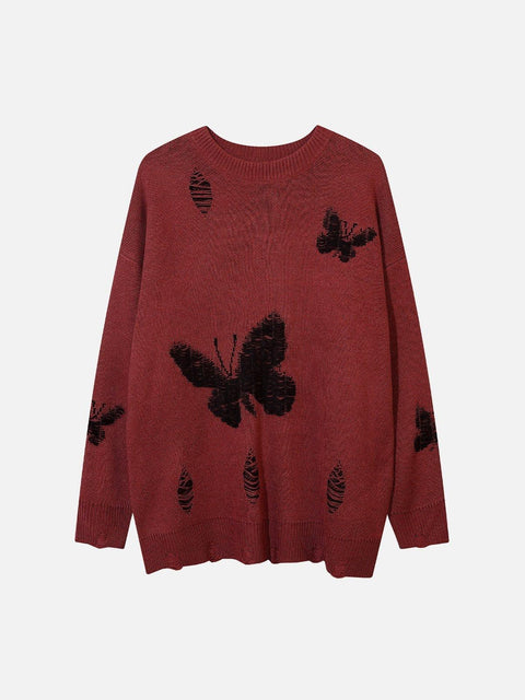 Butterflies Ripper Hole Knit Sweater - Anagoc