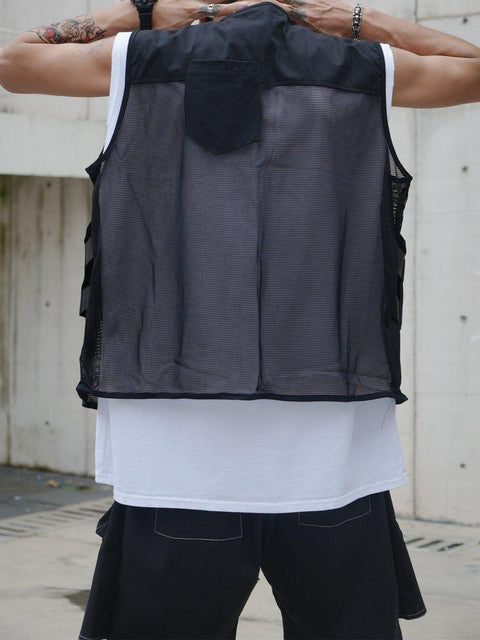 Multi Pockets Zip Up Mesh Vest - Anagoc
