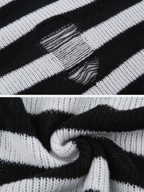Cut Stripe Hollow Sweater - Anagoc