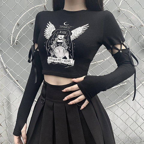 High Waist Print Detachable Long Sleeve T Shirt - Anagoc