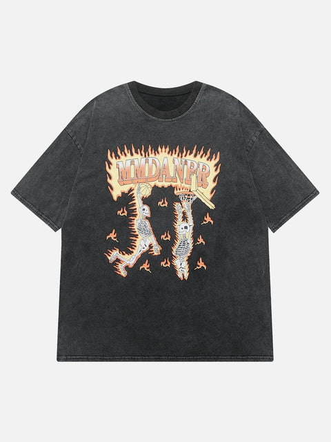 Washed Burning Skeleton Dunk Graphic Tee - Anagoc