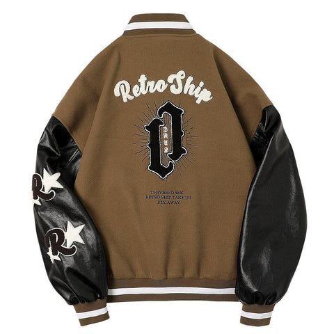 Stitching PU Sleeve Varsity Jacket - Anagoc