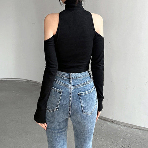 Sexy Off The Shoulder Metal Button Long Sleeve T Shirt - Anagoc