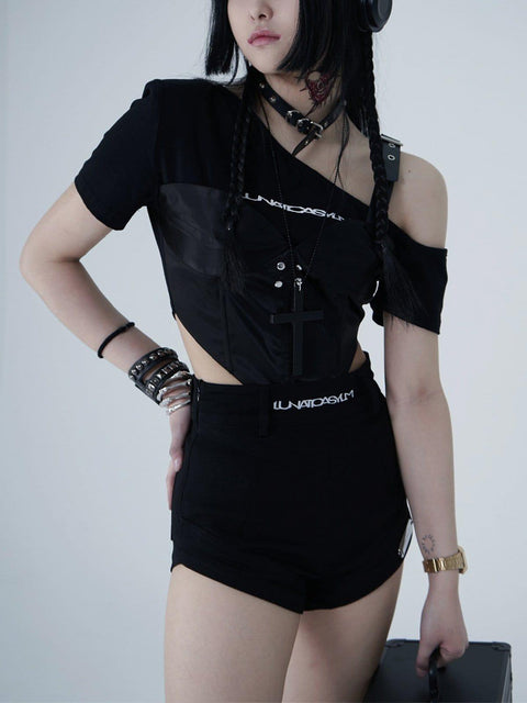 Asymmetrical Patchwork Short Sleeve Shirts - Anagoc