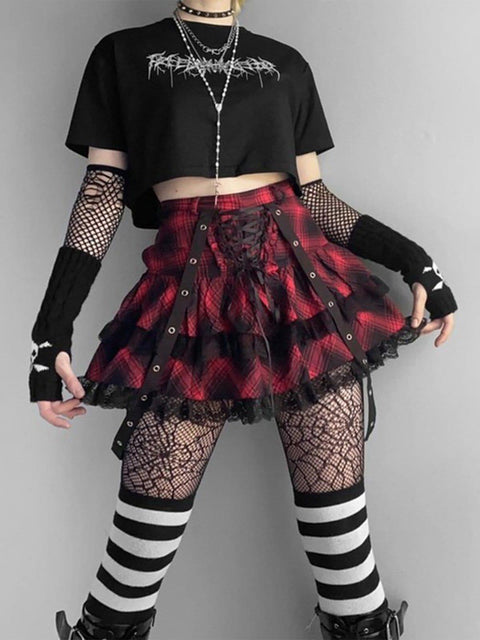 Plaid Lace Pleated Skirt Suit - Anagoc