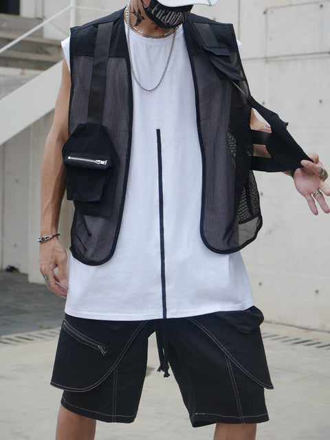 Multi Pockets Zip Up Mesh Vest - Anagoc