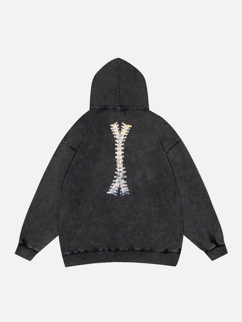 Washed Skeleton Pattern Zip Up Hoodie - Anagoc