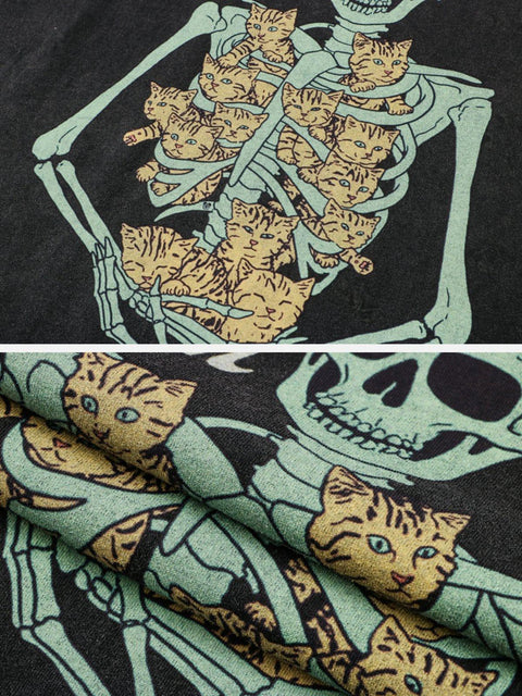 Retro Skull Cat Graphic Tee - Anagoc
