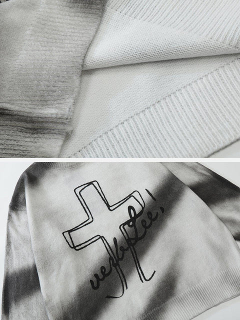 Tie Dye Crucifix Knit Sweater - Anagoc