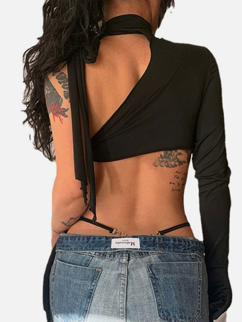 Irregular Halterneck Long Sleeve T Shirt - Anagoc