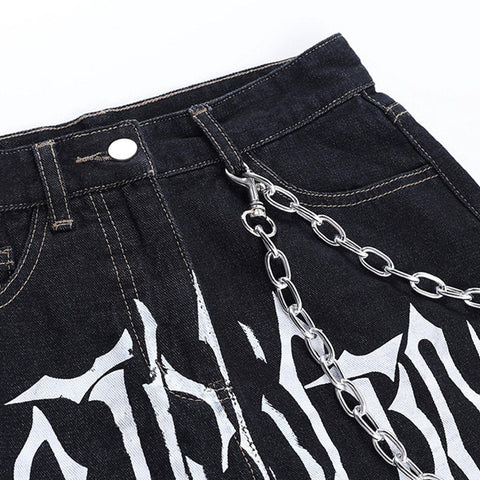 Dark Punk Print Chain Denim Skirt - Anagoc