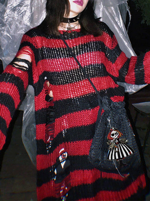 Hollow Hole Stripe Sweater - Anagoc