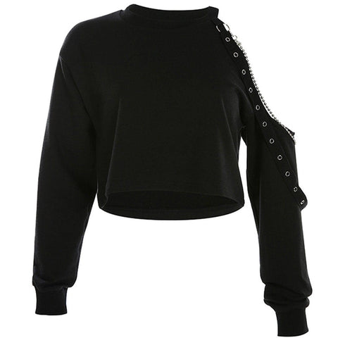 Single Shoulder Hollow Long Sleeve T Shirt - Anagoc