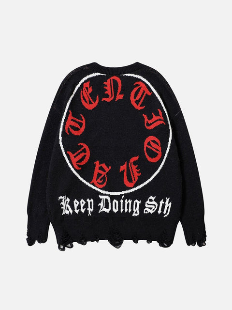 Letters Ripper Hole Sweater - Anagoc