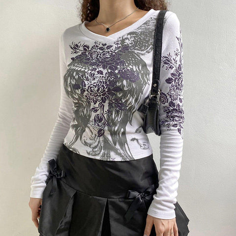 Rose Wings Graphic Long Sleeve T Shirt - Anagoc