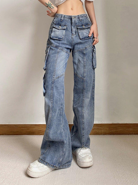 Asymmetrical Pockets Washed Jeans - Anagoc