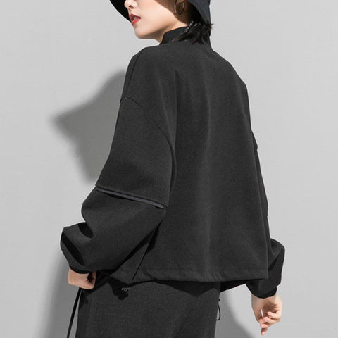 Dark Half Zipper Drawstring Sweatshirt - Anagoc