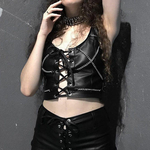 Gothic Chain Straps Hollowout Vest - Anagoc