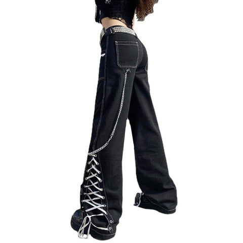 Lace Ribbons Straight Jeans - Anagoc
