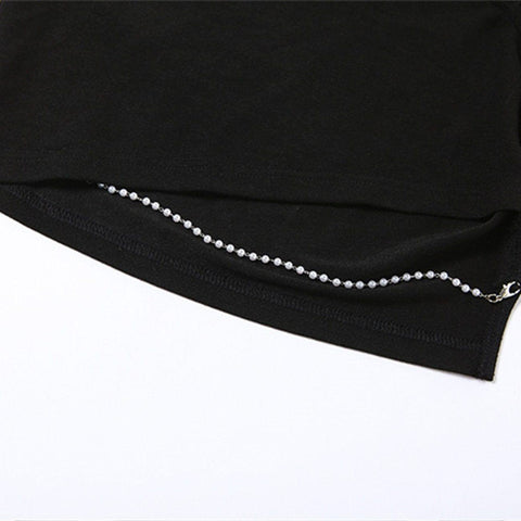 Hollow Irregular Pearl Chain Short Sleeve T Shirt - Anagoc