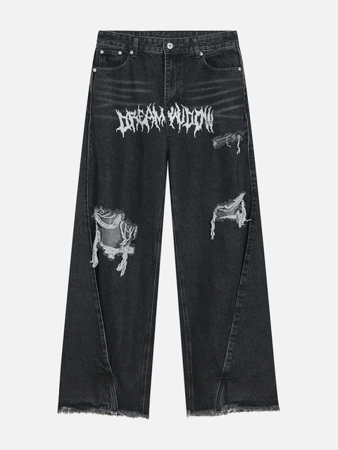 Gothic Alphabet Hole Jeans - Anagoc