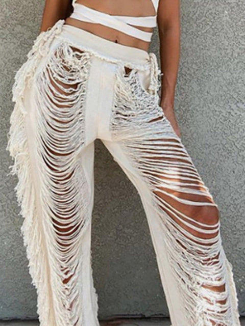 Hollow Hole Tassel Pants - Anagoc