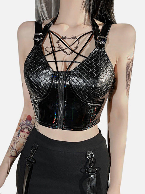 Zip Up Grid PU Vest - Anagoc