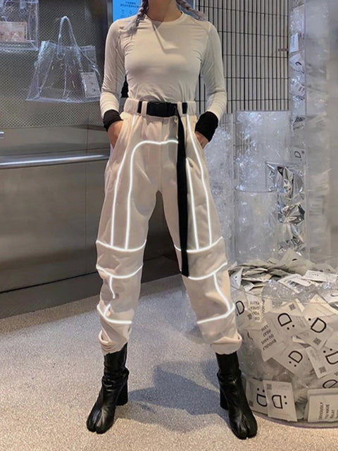 High Waist Reflective Strip Cargo Pants - Anagoc