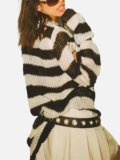 Cut Stripe Hollow Sweater - Anagoc