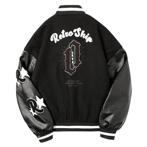 Stitching PU Sleeve Varsity Jacket - Anagoc