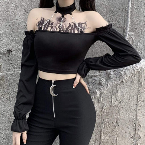Sexy One-shoulder Fashion Chain Halterneck Short Top - Anagoc
