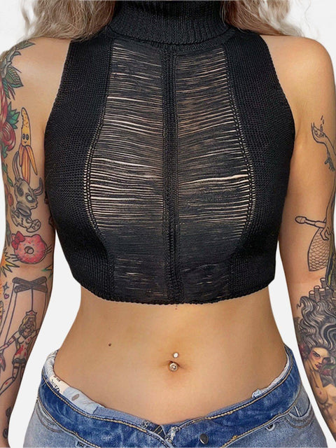 Dark Mesh Hollow Out Turtleneck Vest - Anagoc
