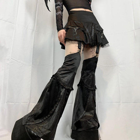Dark Goth Mesh Panel Flared Pants - Anagoc