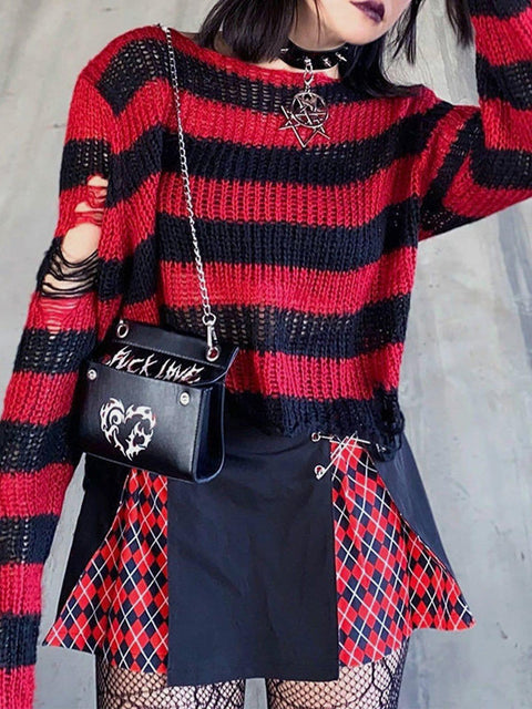 Stripe Hole Short Sweater - Anagoc