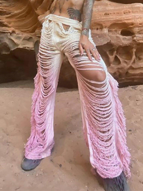 Hollow Hole Tassel Pants - Anagoc