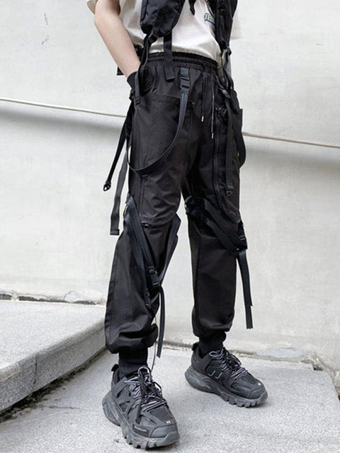 Zipper Pockets Multi Ribbons Cargo Pants - Anagoc