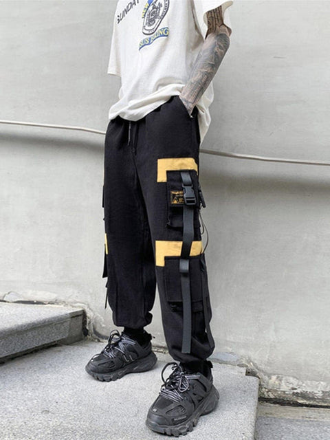 Techwear Patchwork Pockets Ribbons Cargo Pants - Anagoc