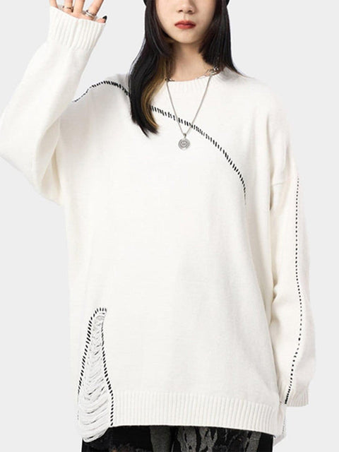 Bright Line Ripped Knitted Sweater - Anagoc